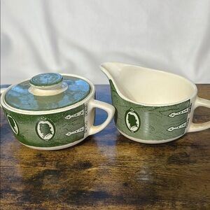 Vintage Royal China Green and White Ceramic Creamer and Sugar Set